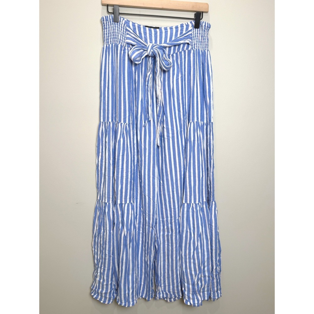 Angie L Flowy Wide Leg Pants Front Tie Relaxed Striped Blue White Boho Festival